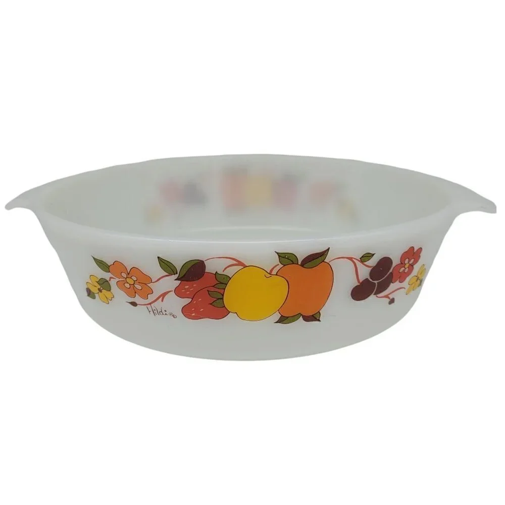 Vintage Anchor Hocking 2 Quart Round Casserole Dish Hildi Fruit Design EUC